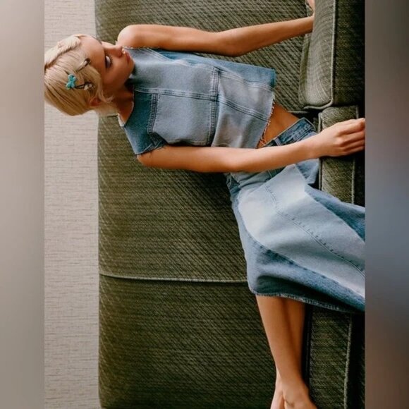ZARA Patchwork Denim Jean Side Slit Skirt NWT Size XS - Picture 5 of 6